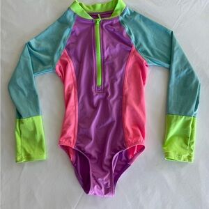 LANDS END Kids Long-Sleeve Colorblock One-Piece Swimsuit — 6